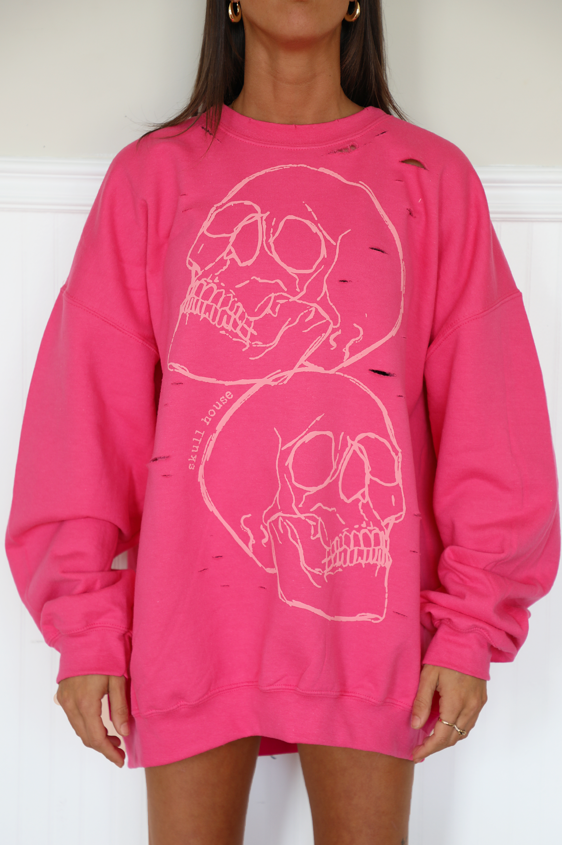 Stacked Skulls Crewneck: Hot Pink