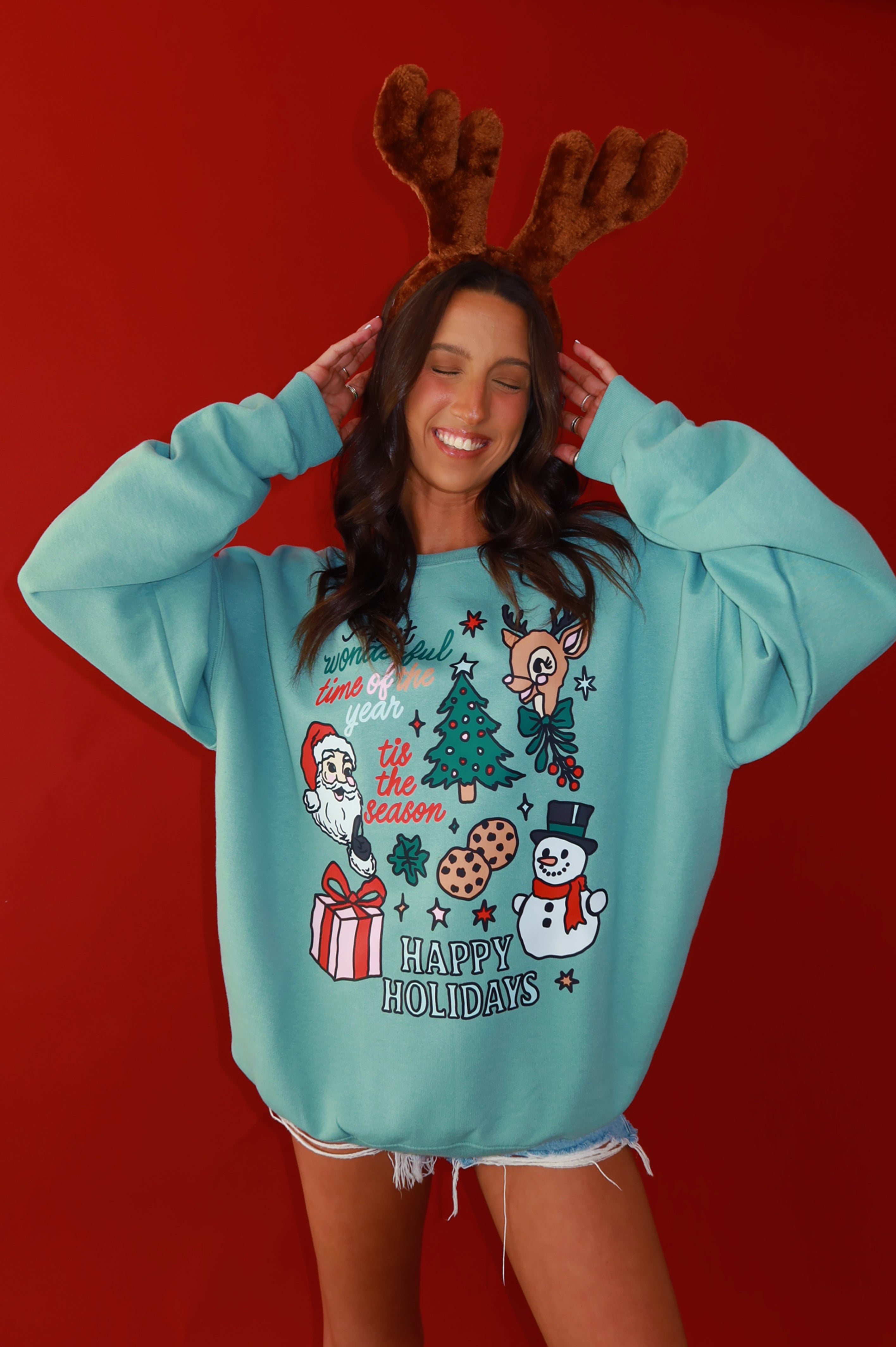 Happy Holidays Crewneck: Dusty Aqua