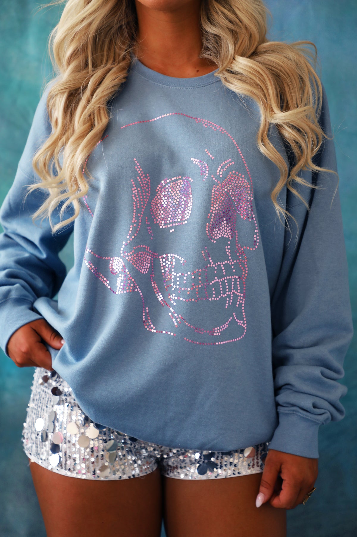 Bling Skull Crewneck: Dusty Blue
