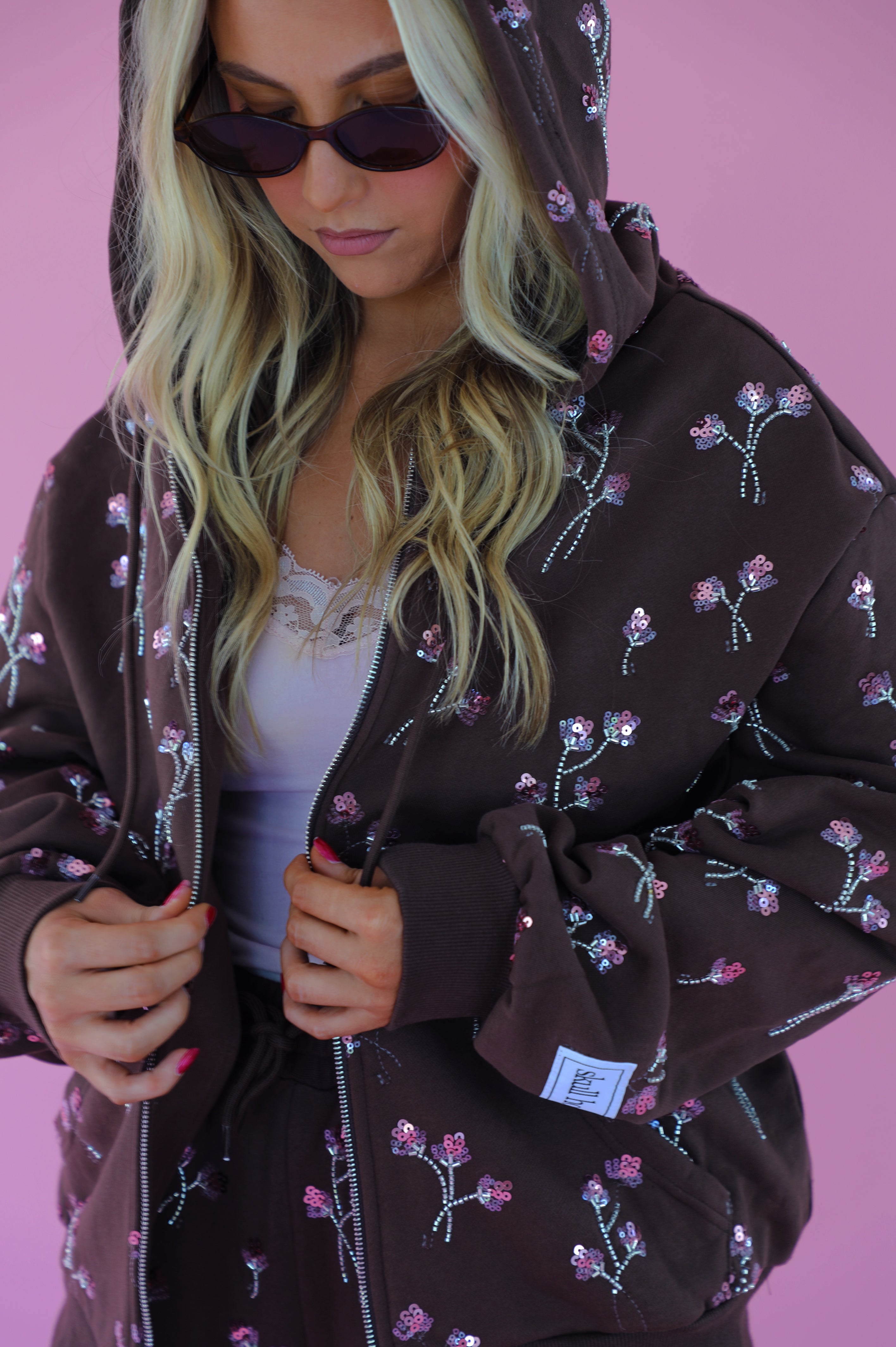 PRE-ORDER: Embellished Zip Hoodie: Truffle