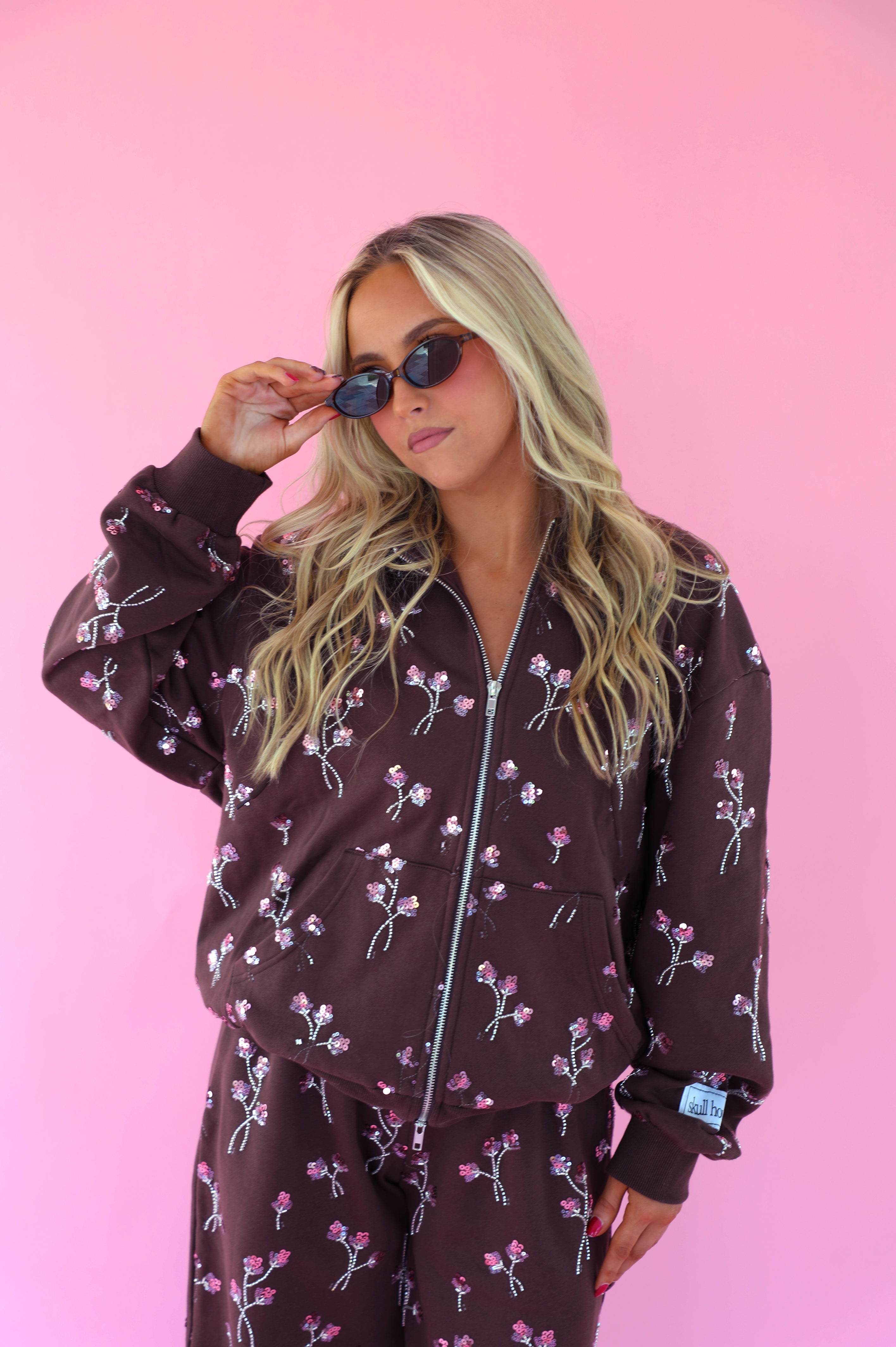 PRE-ORDER: Embellished Zip Hoodie: Truffle