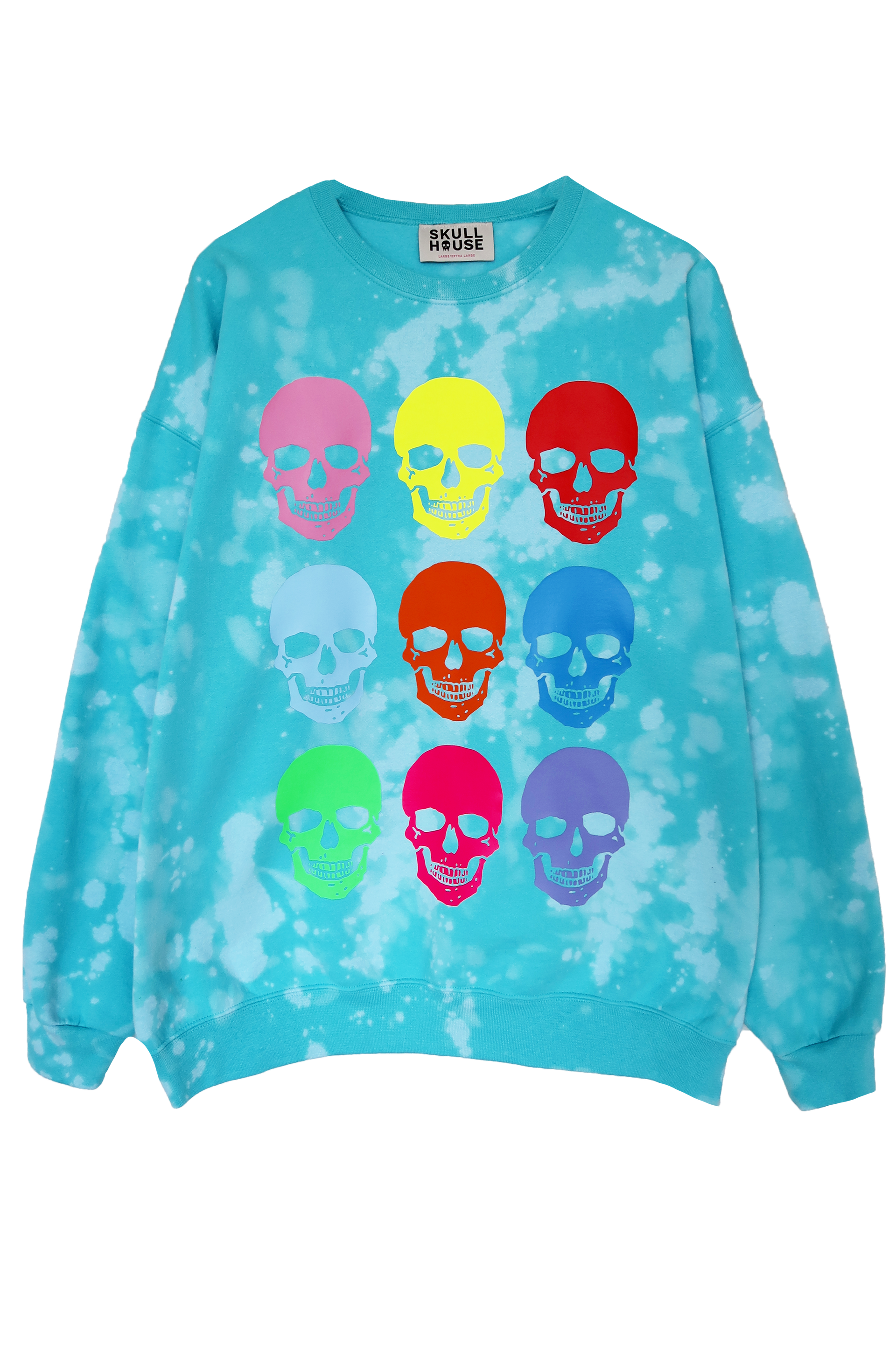 Confetti Skulls Crewneck: Teal Bleach